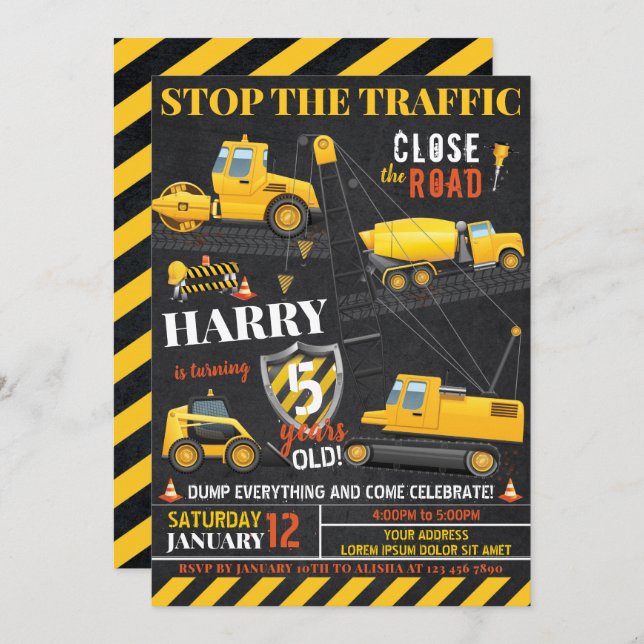 Invitación de cumpleaños de construcción (Anverso / Reverso)