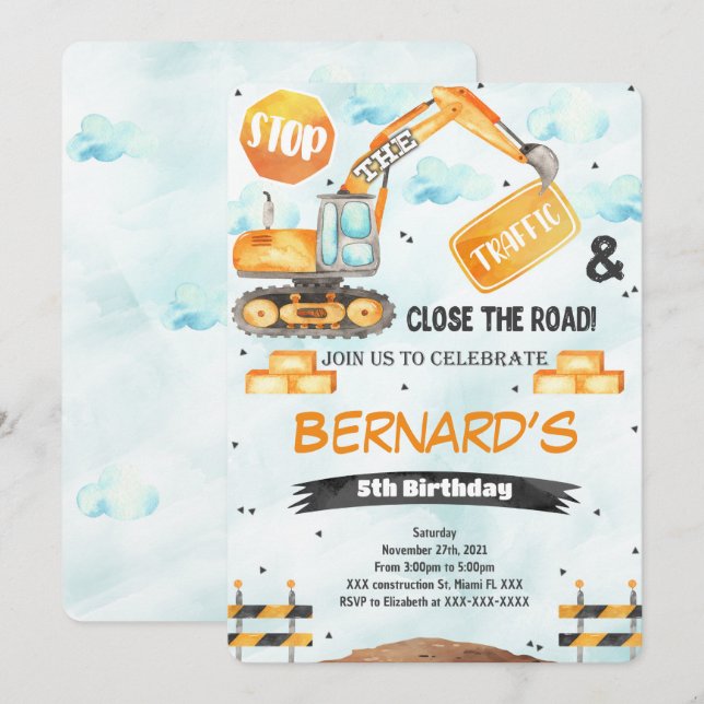 Invitación de cumpleaños de construcción (Anverso / Reverso)