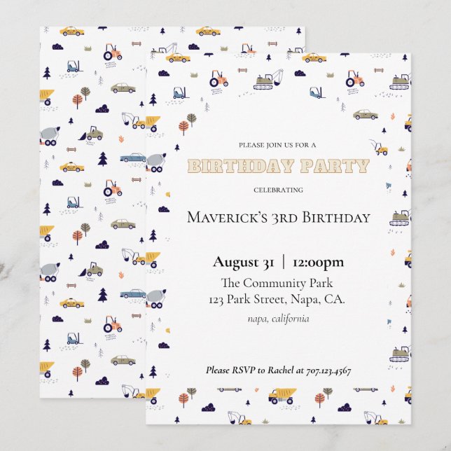 Invitación de cumpleaños de construcción (Anverso / Reverso)
