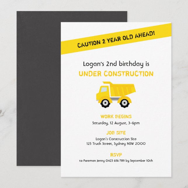 Invitación de cumpleaños de construcción, blanco (Anverso / Reverso)