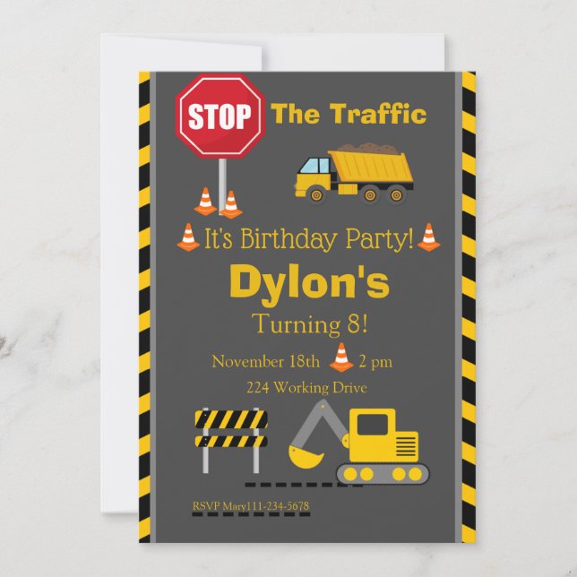 Invitación de cumpleaños de construcción, Bull Doz (Anverso)