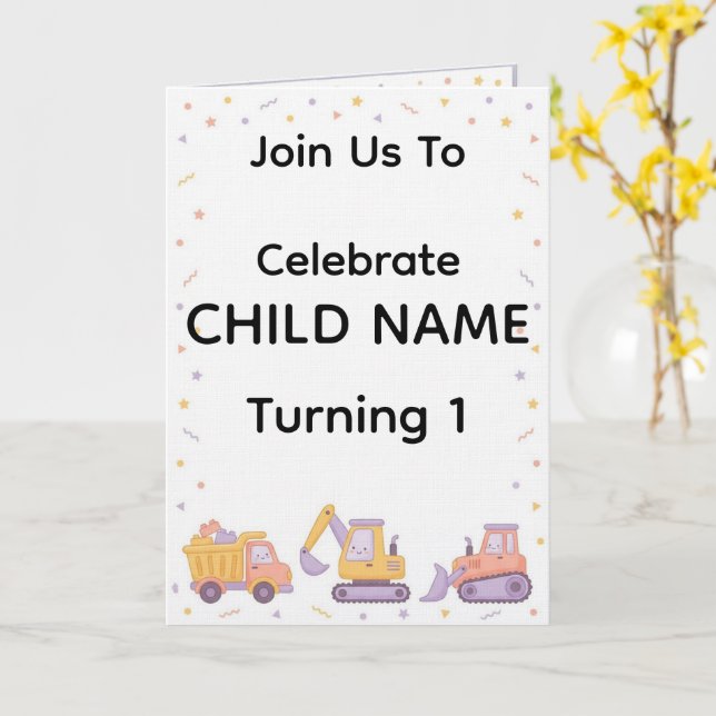 Invitación de cumpleaños de construcción | Camión  (flor amarilla)