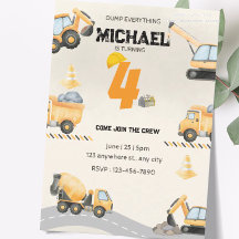 Invitación de cumpleaños de construcción, camiones