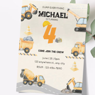 Invitación de cumpleaños de construcción, camiones