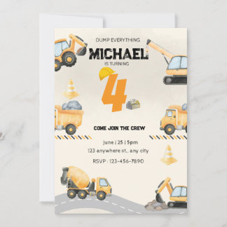 Invitación de cumpleaños de construcción, camiones