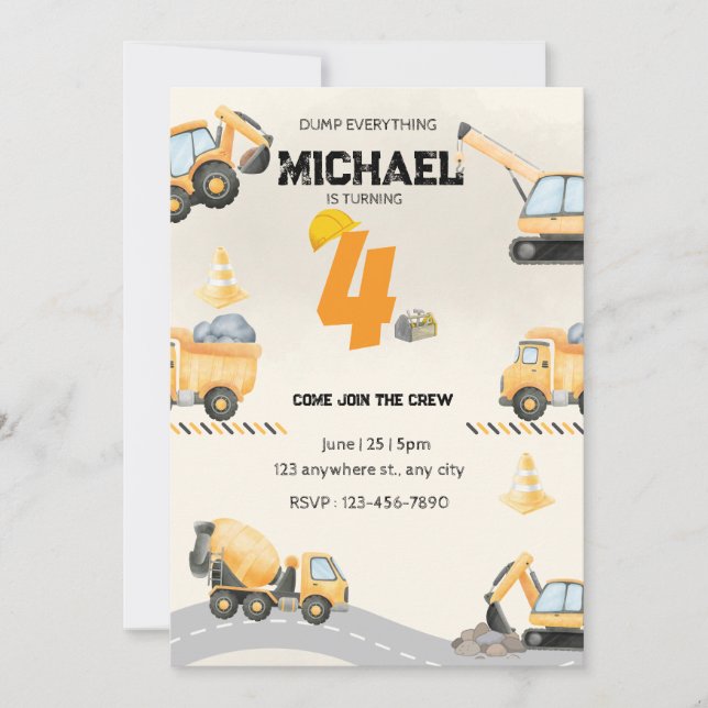 Invitación de cumpleaños de construcción, camiones (Anverso)