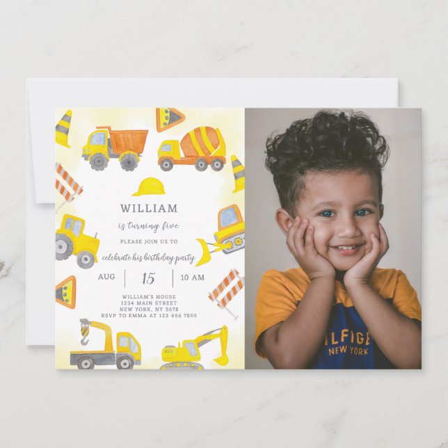 Invitación de cumpleaños de construcción con foto (Anverso)