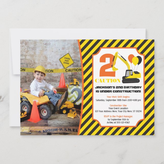Invitación de cumpleaños de construcción con foto (Anverso)