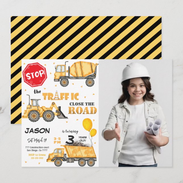 Invitación de cumpleaños de construcción con foto (Anverso / Reverso)