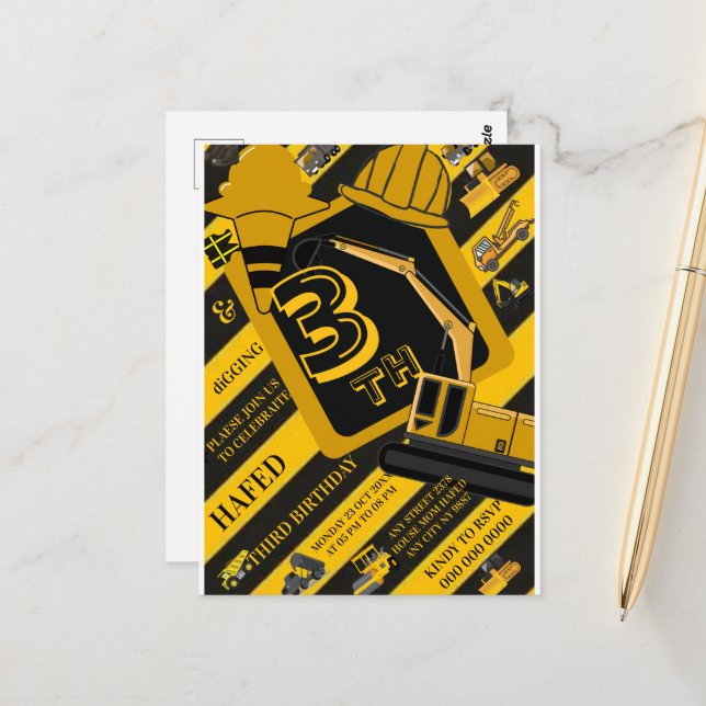 Invitación de cumpleaños de construcción, Constru  (Anverso/Reverso In Situ)