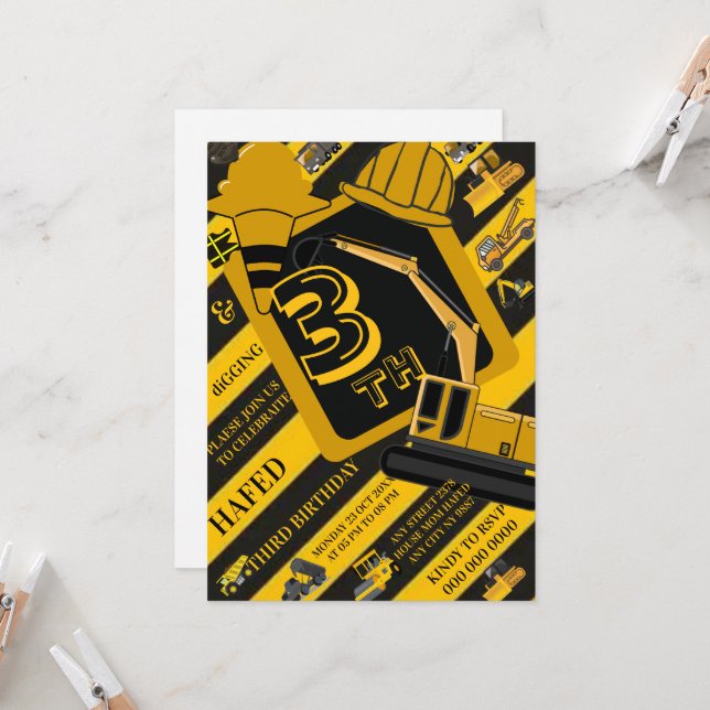 Invitación de cumpleaños de construcción, Constru  (Anverso/Reverso In Situ)