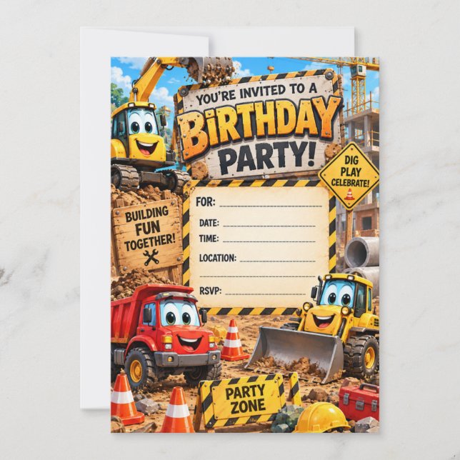Invitación de cumpleaños de construcción | Cualqui (Anverso)