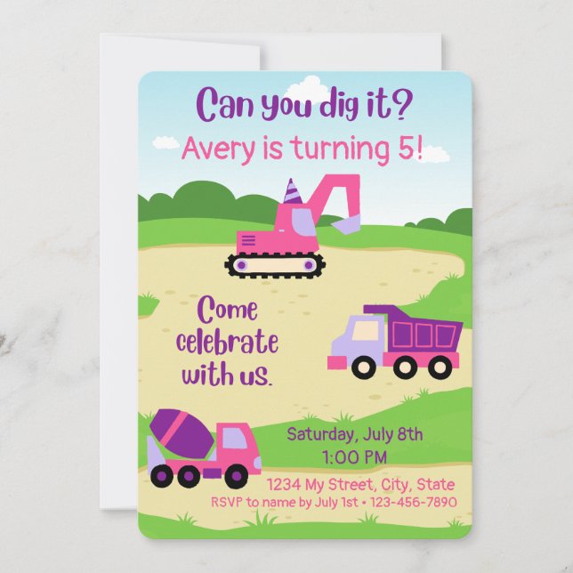 Invitación de cumpleaños de construcción de chica (Anverso)