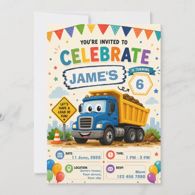 Invitación de cumpleaños de construcción editable  (Anverso)