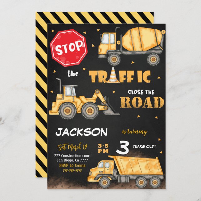 Invitación de cumpleaños de construcción editable (Anverso / Reverso)