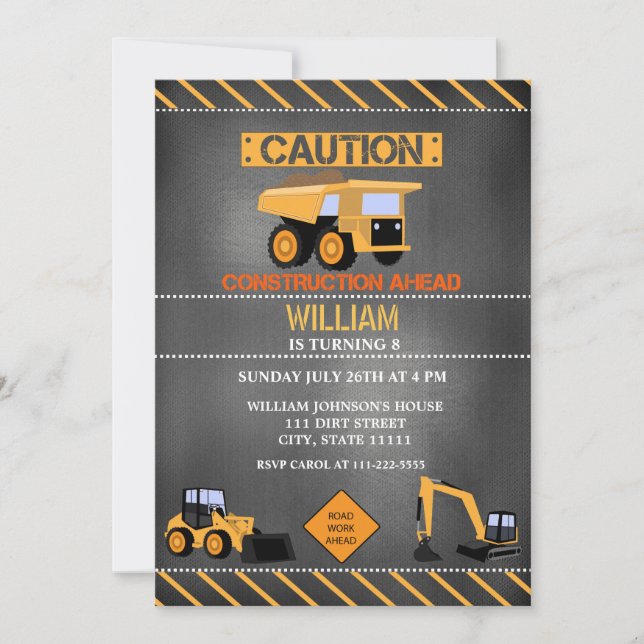 Invitación de cumpleaños de construcción en pizarr (Anverso)