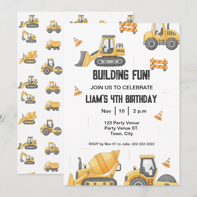 Invitación de cumpleaños de construcción - Fiesta  (Anverso / Reverso)