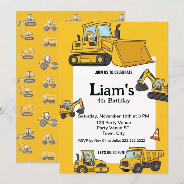 Invitación de cumpleaños de construcción | Fiesta  (Anverso / Reverso)