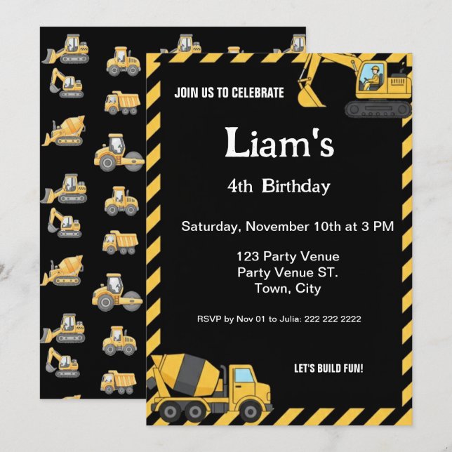 Invitación de cumpleaños de construcción | Fiesta  (Anverso / Reverso)