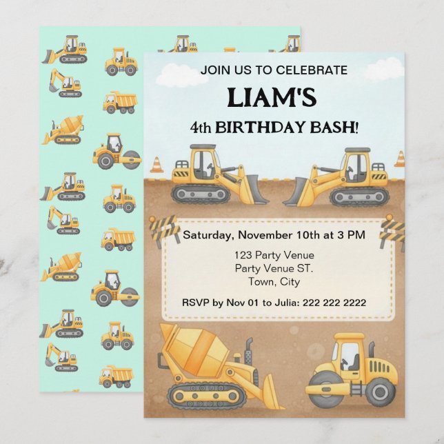 Invitación de cumpleaños de construcción | Fiesta  (Anverso / Reverso)
