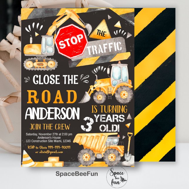 Invitación de cumpleaños de construcción para 3 añ (Construction Birthday invitation for 3 year old
Construction Birthday invitation for 3-year-old, con)