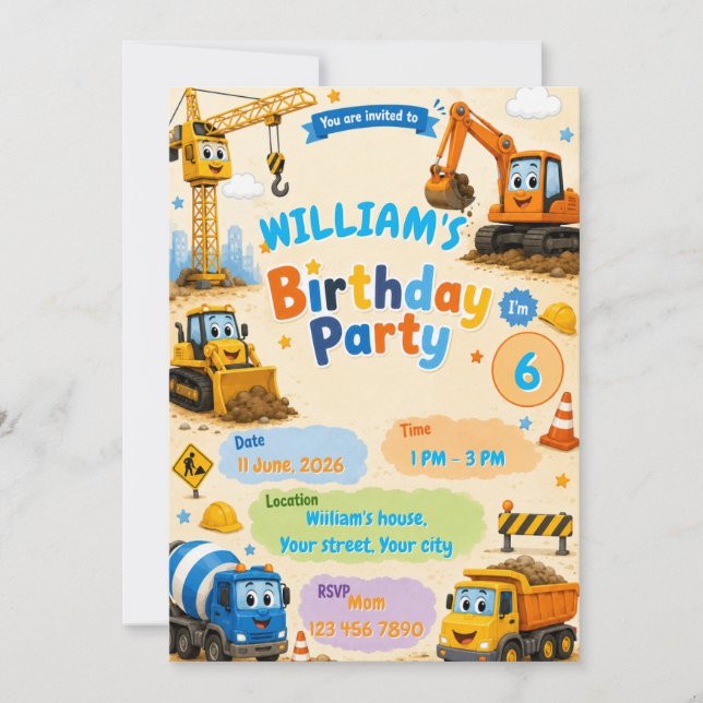 Invitación de cumpleaños de construcción para niño (Anverso)