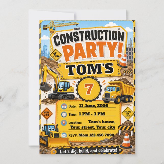 Invitación de cumpleaños de construcción para niño (Anverso)