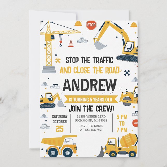 Invitación de cumpleaños de construcción personali (Anverso)