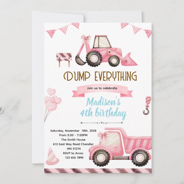 Invitación de cumpleaños de construcción rosa (Anverso)
