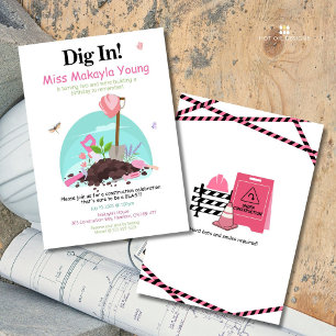 Invitación de cumpleaños de construcción rosa para