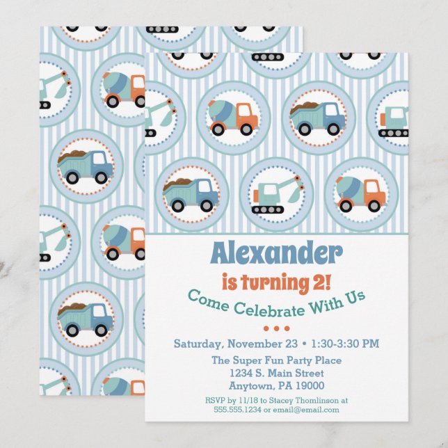 Invitación de cumpleaños de construcción Toddler 1 (Anverso / Reverso)