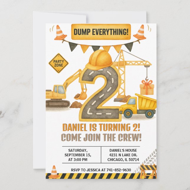 Invitación de Cumpleaños de Construcción, Volquete (Anverso)