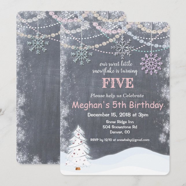 Invitación de cumpleaños de copo de nieve de invie (Anverso / Reverso)