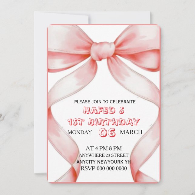 Invitación de cumpleaños de Coquette Bow Rosada, 1 (Anverso)