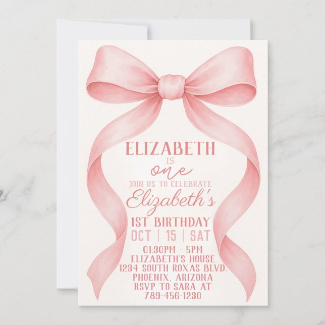 Invitación de cumpleaños de Coquette Pink Bow edit (Anverso)