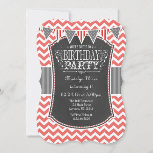 Invitación de cumpleaños de Coral Chalkboard Chevr