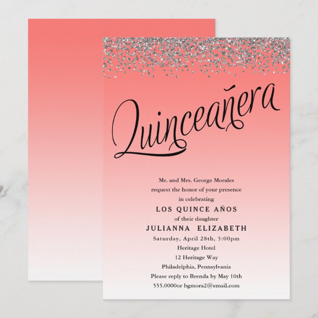 Invitación de cumpleaños de Coral y Silver Quincea (Anverso / Reverso)