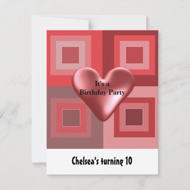 Invitación de cumpleaños de corazón hinchado rojo (Anverso)