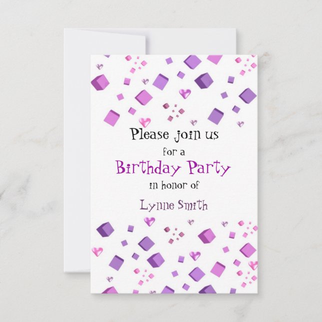 Invitación de cumpleaños de corazones y cubos (Anverso)