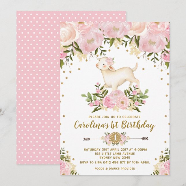 Invitación de cumpleaños de cordero Chica Granja f (Anverso / Reverso)