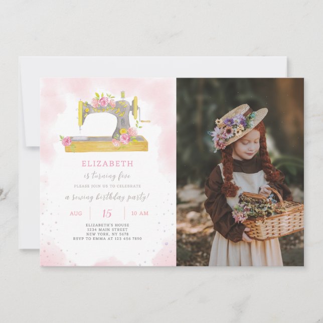 Invitación de cumpleaños de coser con foto (Anverso)