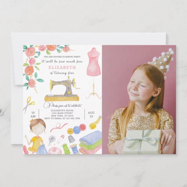 Invitación de cumpleaños de coser con foto (Anverso)