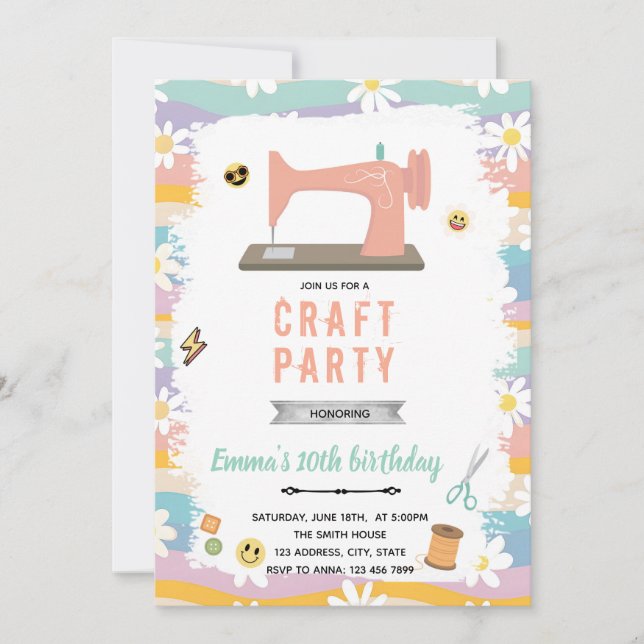 Invitación de cumpleaños de costura retro (Anverso)