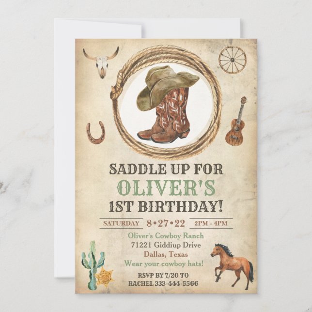 Invitación de cumpleaños de Cowboy 1Invitación a r (Anverso)