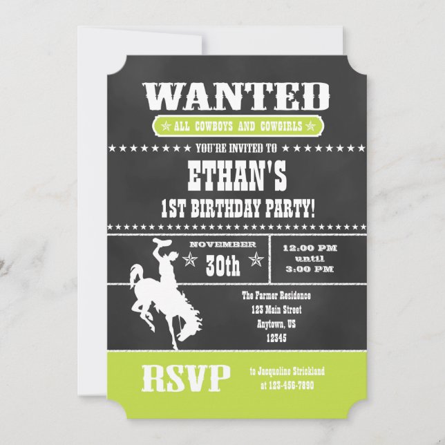 Invitación de cumpleaños de Cowboy Chalkboard Gree (Anverso)
