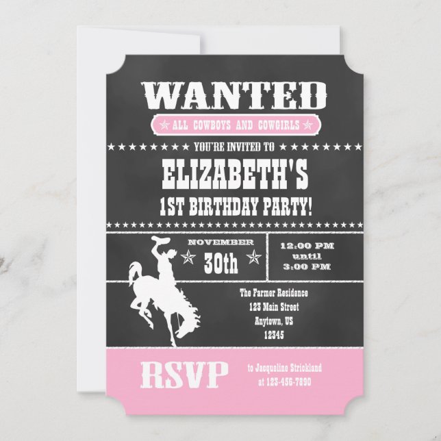 Invitación de cumpleaños de Cowboy Chalkboard Rosa (Anverso)