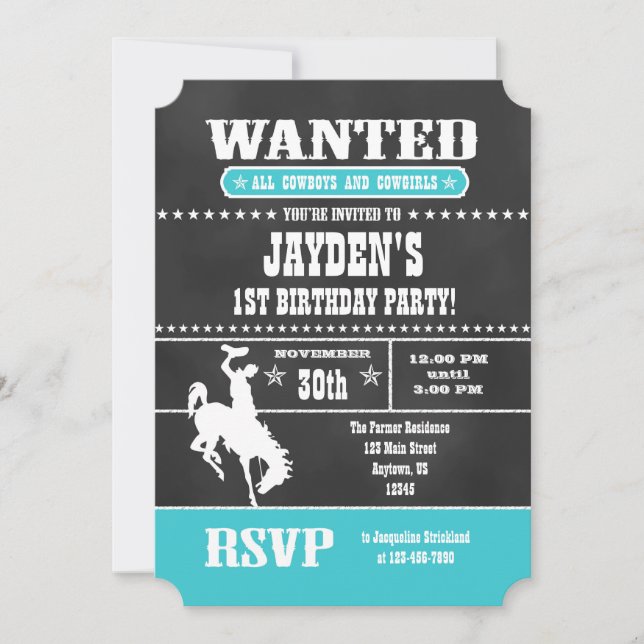 Invitación de cumpleaños de Cowboy Chalkboard Turq (Anverso)