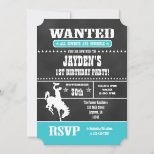 Invitación de cumpleaños de Cowboy Chalkboard Turq