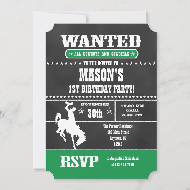 Invitación de cumpleaños de Cowboy Chalkboard Verd (Anverso)