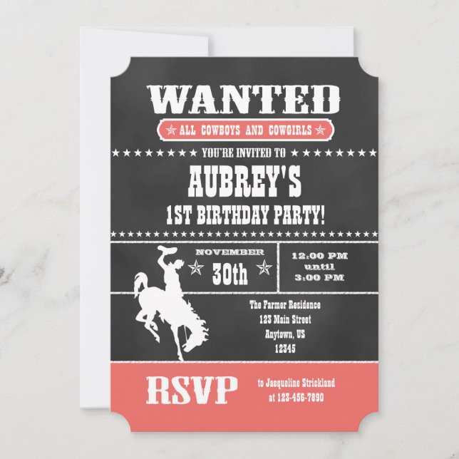 Invitación de cumpleaños de Cowboy Coral Chalkboar (Anverso)